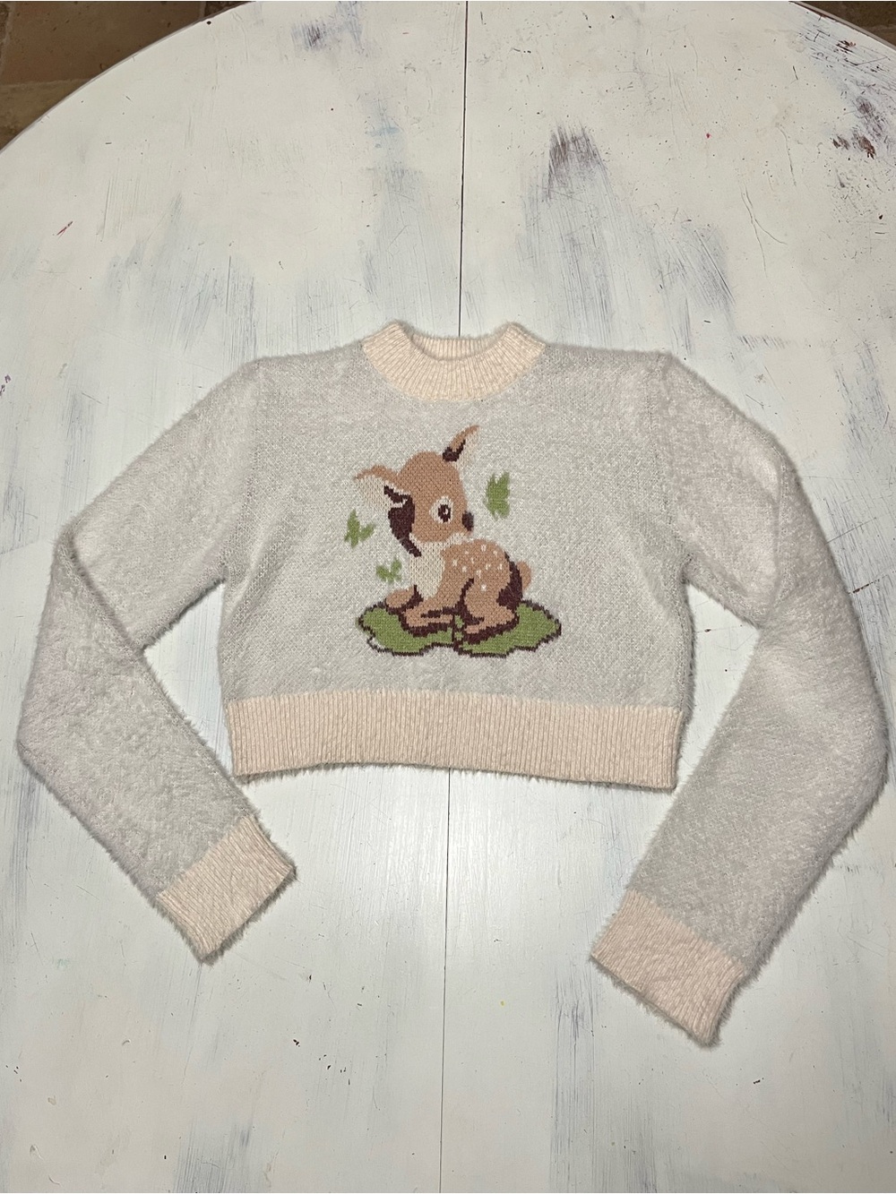 Cider Fuzzy Plush Baby Deer Cropped Sweater Sz M